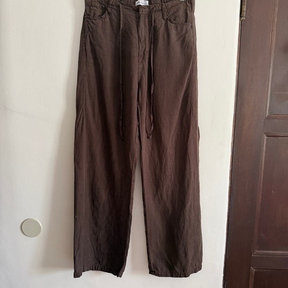 ZARA Brown Linen Blend Wide Leg Trousers | Size 4